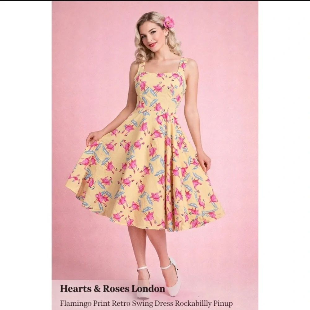 Hearts & Roses London Flamingo Print Retro Swing Dress Rockabilly Pinup Summer 4 - Picture 2 of 15